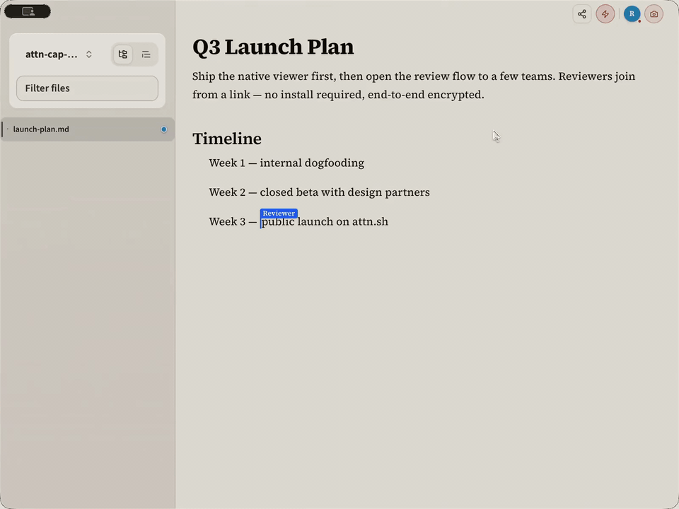 Live attn collaboration: a reviewer comments, suggests an edit, and moves a remote cursor in a shared markdown document