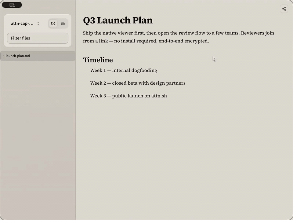 The attn Share-for-review flow: the user opens Share and receives an npx invite command plus a direct attn:// link